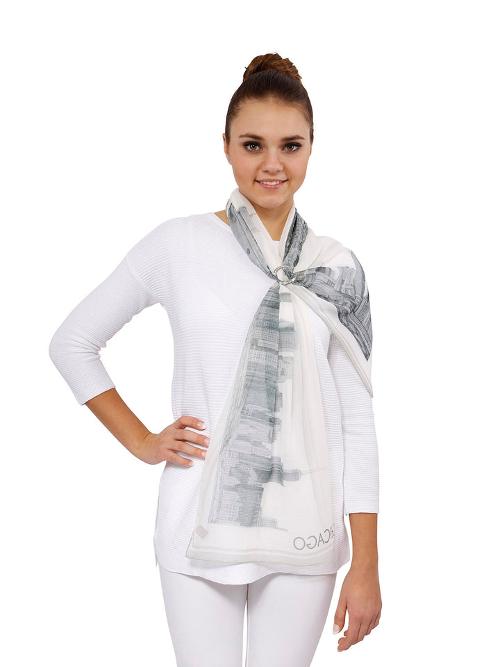 CHICAGO Skyline 100% Silk Georgette Oblong Scarf in Grey White