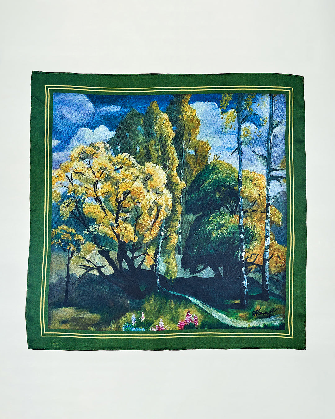 GOLD MEADOW Art-A-Porte Designer 100% Silk Square Scarf in Green Yellow AlesiaC.com