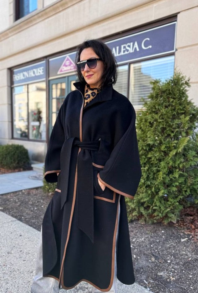 YANA Black Virgin Wool Long Belted Cape Coat With Brown Leather Trim