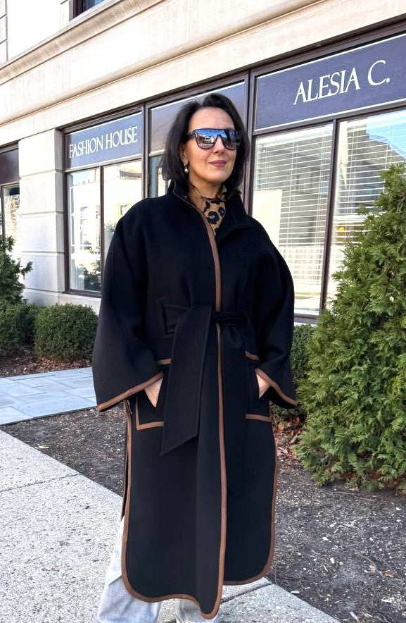 YANA Black Virgin Wool Long Belted Cape Coat With Brown Leather Trim