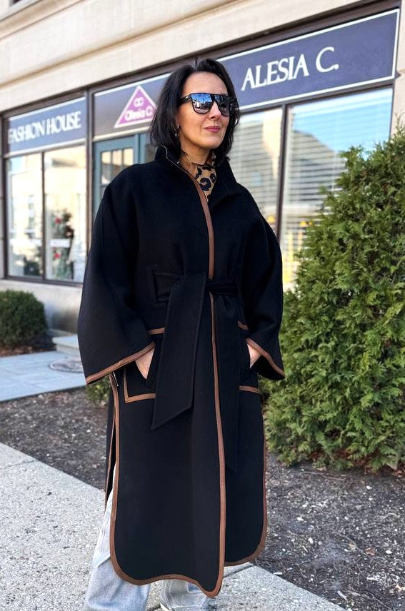 YANA Black Virgin Wool Long Belted Cape Coat With Brown Leather Trim