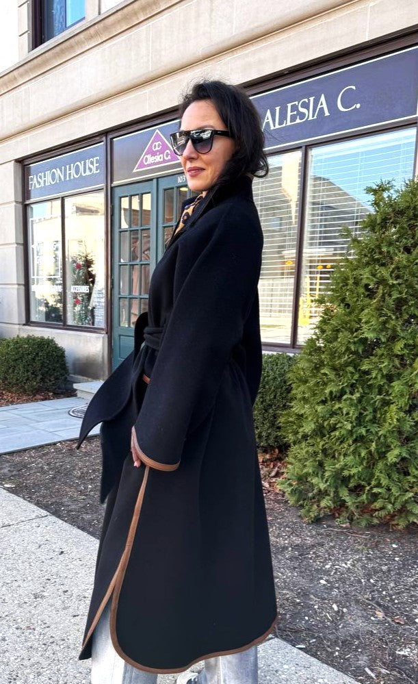 YANA Black Virgin Wool Long Belted Cape Coat With Brown Leather Trim