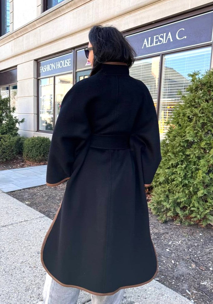 YANA Black Virgin Wool Long Belted Cape Coat With Brown Leather Trim
