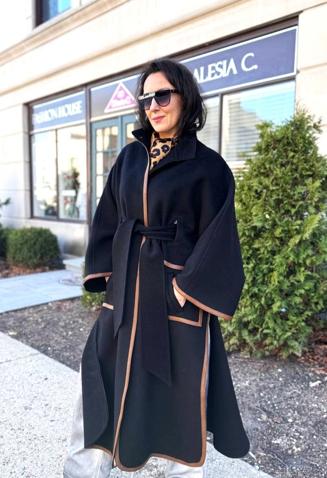 YANA Black Virgin Wool Long Belted Cape Coat With Brown Leather Trim