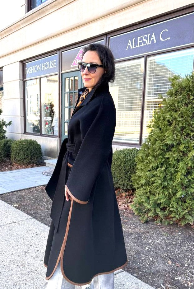 YANA Black Virgin Wool Long Belted Cape Coat With Brown Leather Trim