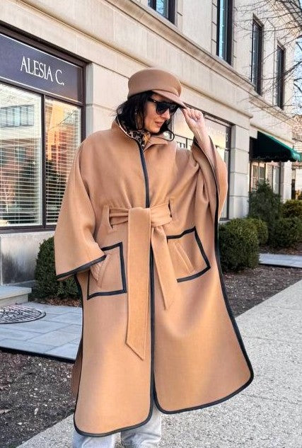 YANA Camel Virgin Wool Long Belted Cape Coat With Black Leather Trim AlesiaC.com