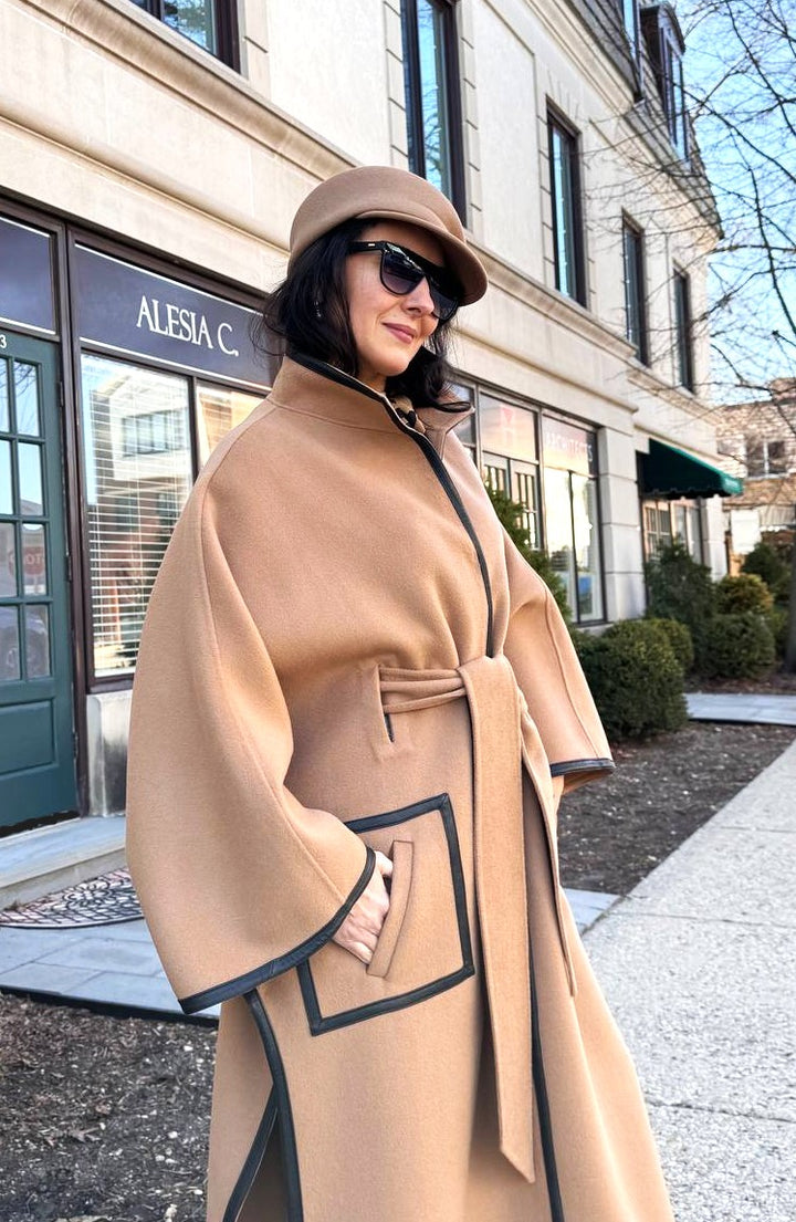 Luxury Designer YANA Camel Virgin Wool Long Belted Cape Coat With Black Leather Trim AlesiaC.com