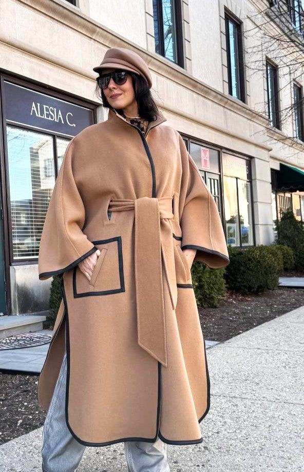 Luxury Designer YANA Camel Virgin Wool Long Belted Cape Coat With Black Leather Trim AlesiaC.com