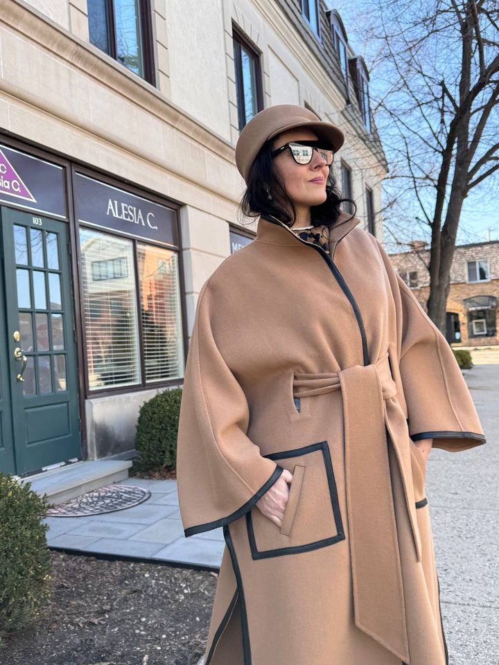 Luxury Designer YANA Camel Virgin Wool Long Belted Cape Coat With Black Leather Trim AlesiaC.com