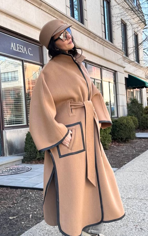 Luxury Designer YANA Camel Virgin Wool Long Belted Cape Coat With Black Leather Trim AlesiaC.com