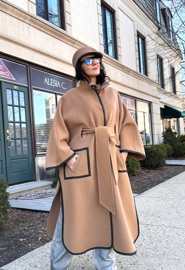 Luxury Designer YANA Camel Virgin Wool Long Belted Cape Coat With Black Leather Trim AlesiaC.com