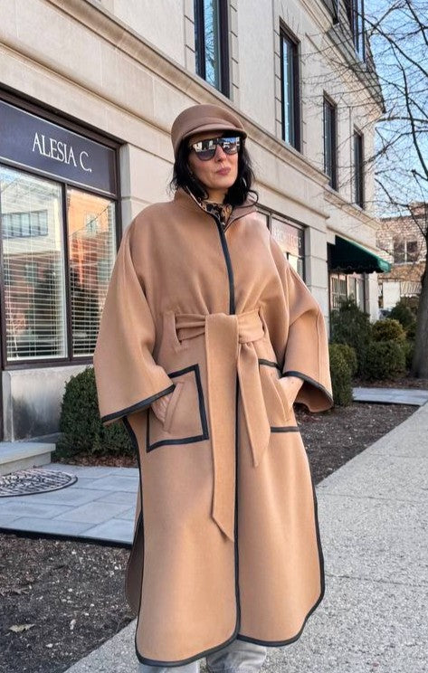 YANA Camel Virgin Wool Long Belted Cape Coat With Black Leather Trim AlesiaC.com
