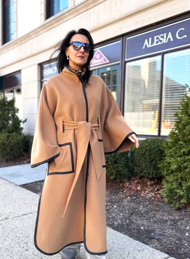 Luxury Designer YANA Camel Virgin Wool Long Belted Cape Coat With Black Leather Trim AlesiaC.com