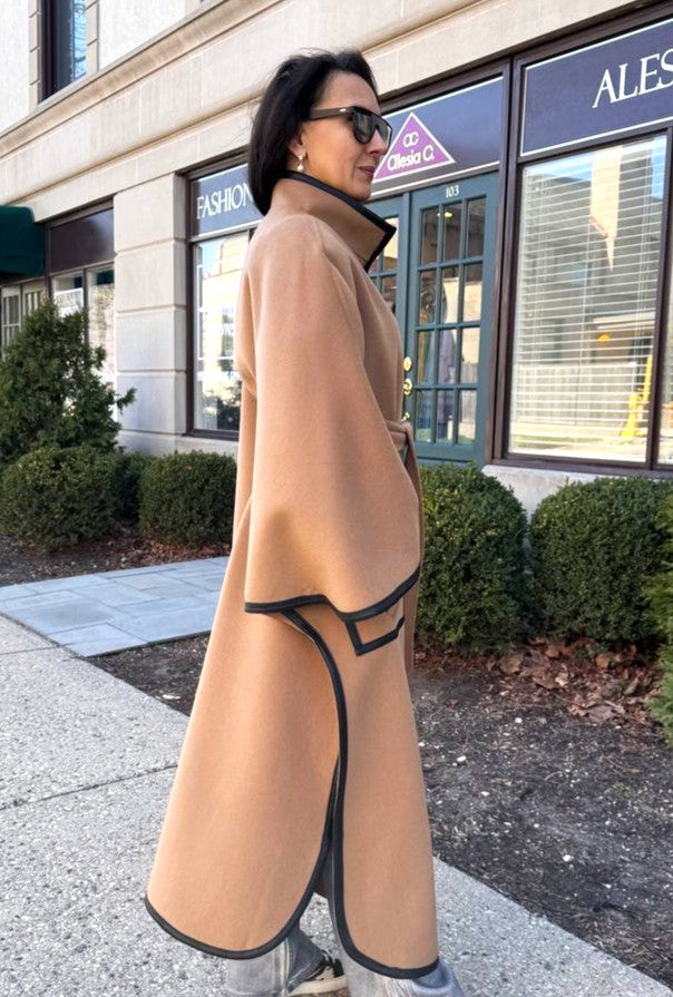 Luxury Designer YANA Camel Virgin Wool Long Belted Cape Coat With Black Leather Trim AlesiaC.com