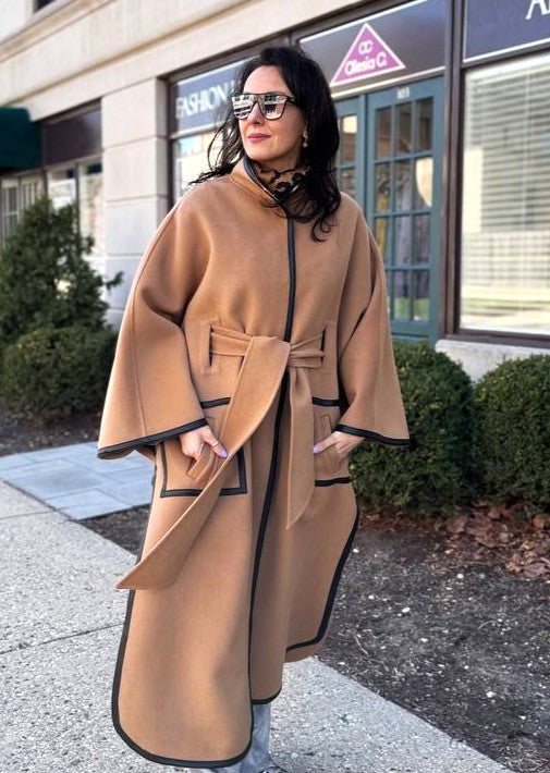 Luxury Designer YANA Camel Virgin Wool Long Belted Cape Coat With Black Leather Trim AlesiaC.com