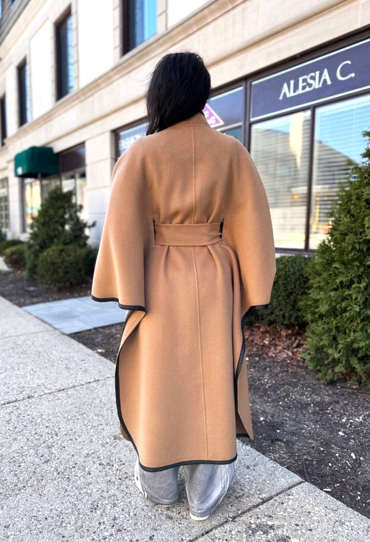 Luxury Designer YANA Camel Virgin Wool Long Belted Cape Coat With Black Leather Trim AlesiaC.com