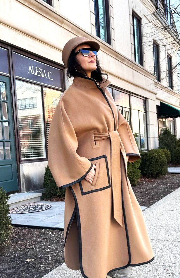 Luxury Designer YANA Camel Virgin Wool Long Belted Cape Coat With Black Leather Trim AlesiaC.com