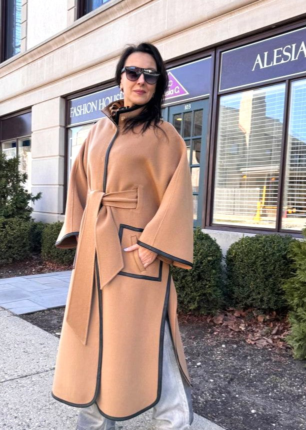 Luxury Designer YANA Camel Virgin Wool Long Belted Cape Coat With Black Leather Trim AlesiaC.com