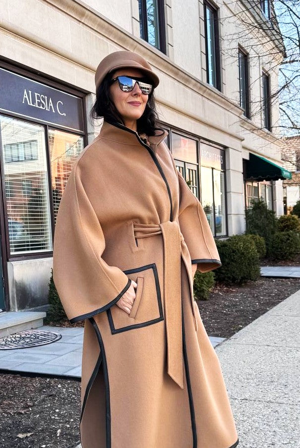 Luxury Designer YANA Camel Virgin Wool Long Belted Cape Coat With Black Leather Trim AlesiaC.com