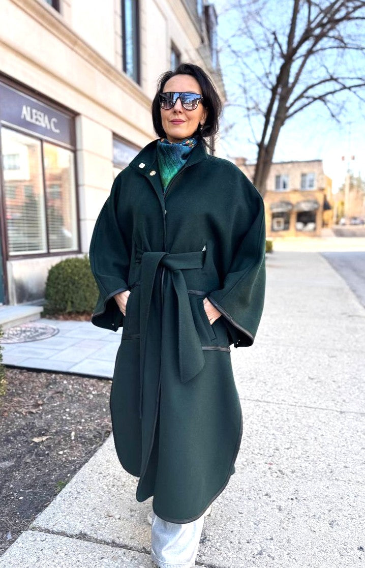 Luxury Designer YANA Dark Green Virgin Wool Long Belted Cape Coat With Black Leather Trim AlesiaC.com