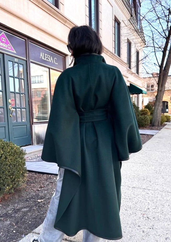Luxury Designer YANA Dark Green Virgin Wool Long Belted Cape Coat With Black Leather Trim AlesiaC.com