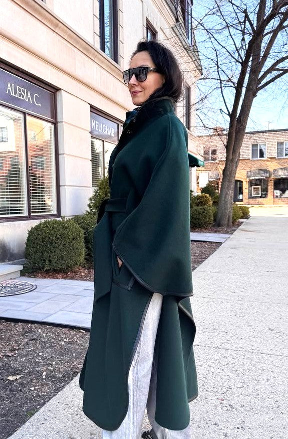 Luxury Designer YANA Dark Green Virgin Wool Long Belted Cape Coat With Black Leather Trim AlesiaC.com