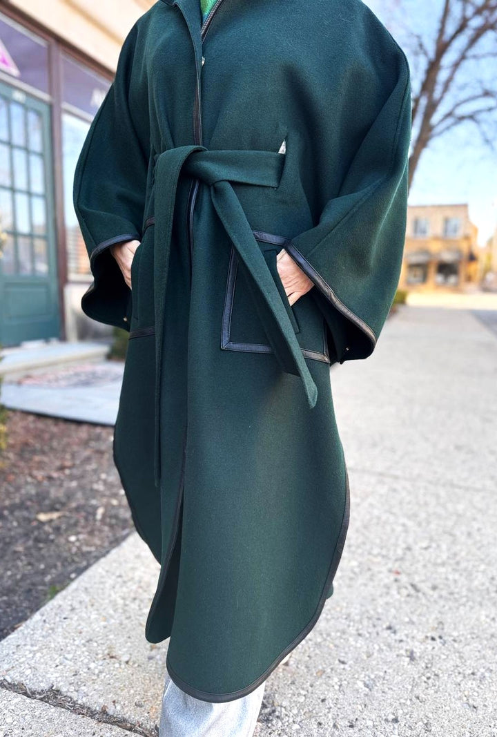 Luxury Designer YANA Dark Green Virgin Wool Long Belted Cape Coat With Black Leather Trim AlesiaC.com