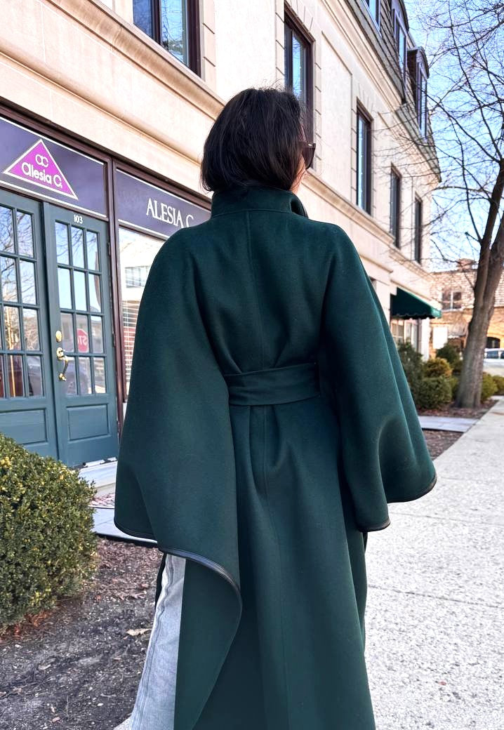 Luxury Designer YANA Dark Green Virgin Wool Long Belted Cape Coat With Black Leather Trim AlesiaC.com