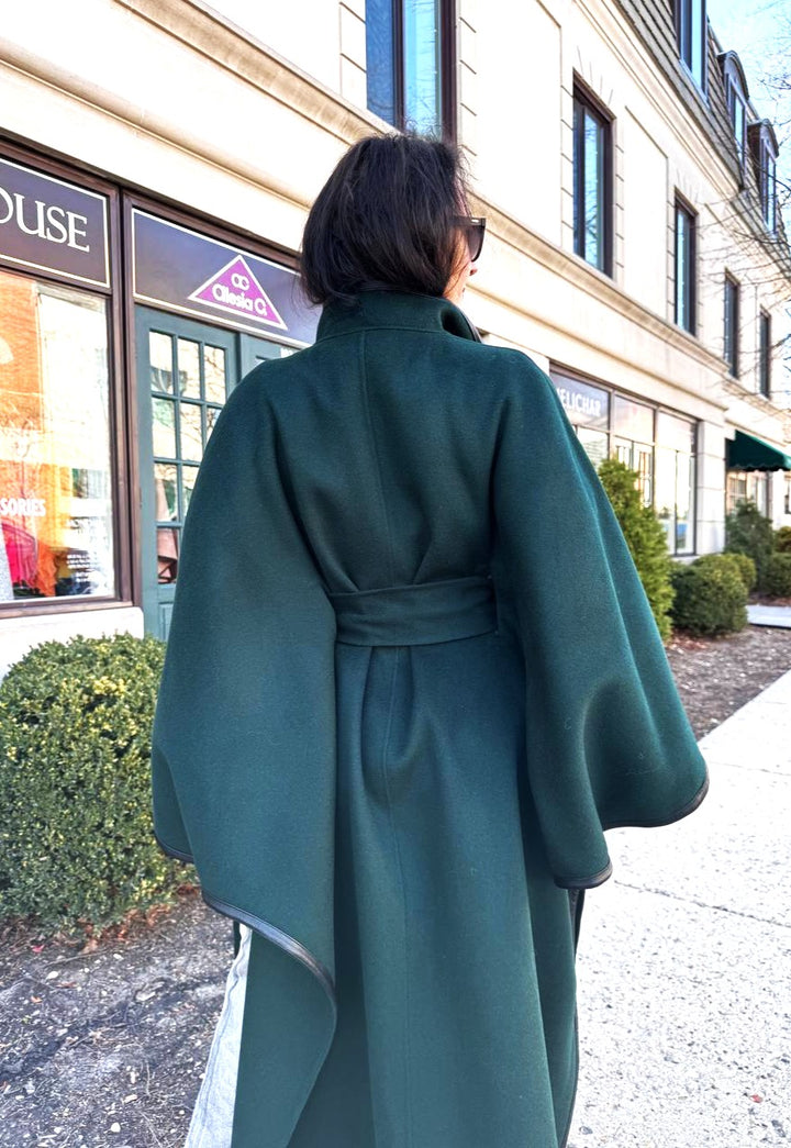 Luxury Designer YANA Dark Green Virgin Wool Long Belted Cape Coat With Black Leather Trim AlesiaC.com