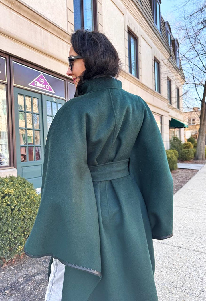 Luxury Designer YANA Dark Green Virgin Wool Long Belted Cape Coat With Black Leather Trim AlesiaC.com
