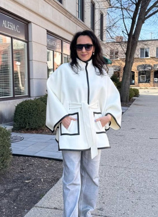 Luxury Designer TRACEY White Virgin Wool Belted Short Cape Coat With Black Leather Trim AlesiaC.com