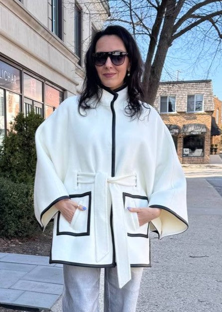 Luxury Designer TRACEY White Virgin Wool Belted Short Cape Coat With Black Leather Trim AlesiaC.com