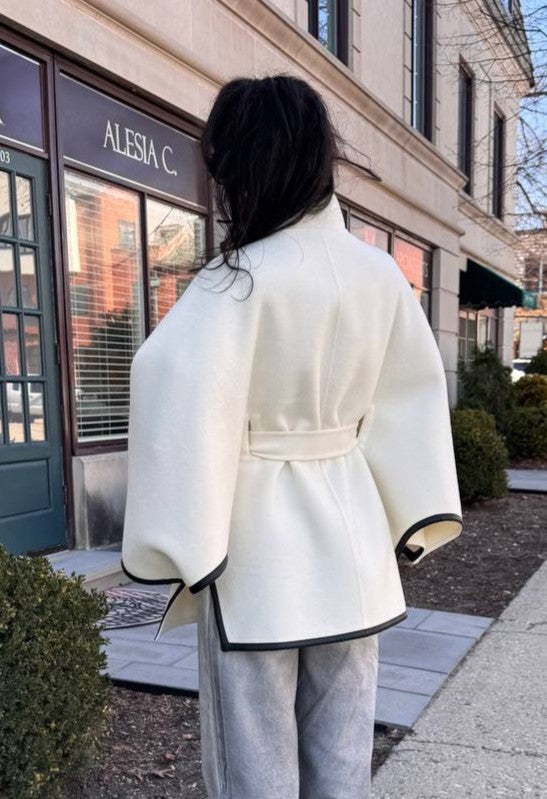 Luxury Designer TRACEY White Virgin Wool Belted Short Cape Coat With Black Leather Trim AlesiaC.com