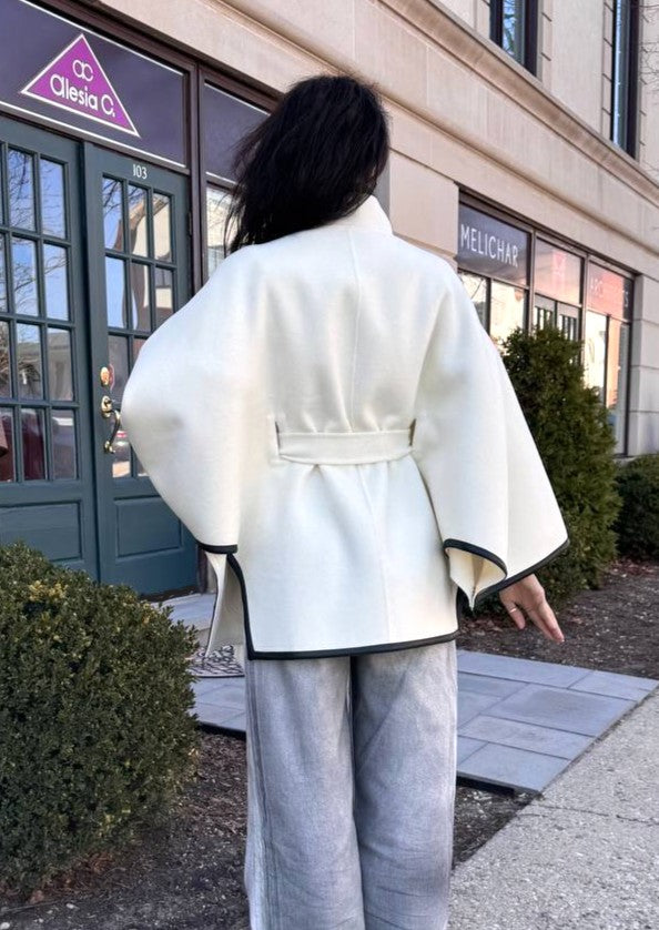 Luxury Designer TRACEY White Virgin Wool Belted Short Cape Coat With Black Leather Trim AlesiaC.com