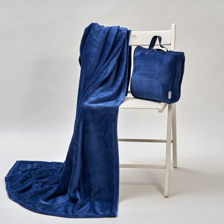 Navy Blue Velvet Travel Cozy Blanket Pillow bag by Alesia C.