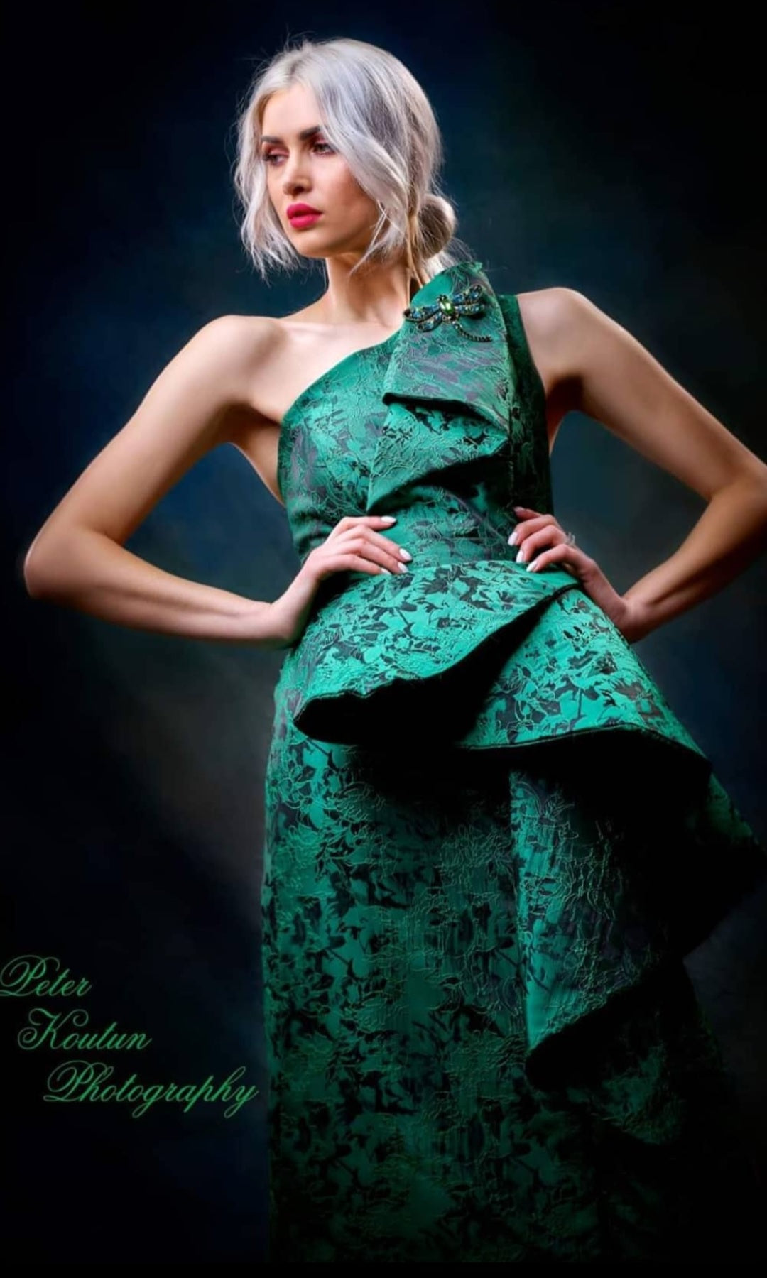 Alesia Chaika Couture Sheath Evening Gown Autumna In Emerald Green Jacquard 1