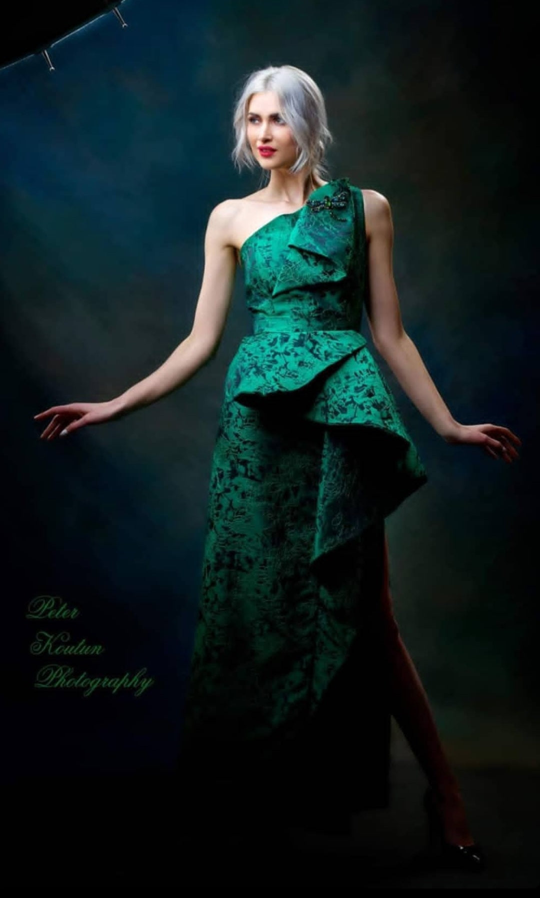 Alesia Chaika Couture Sheath Evening Gown Autumna In Emerald Green Jacquard 1