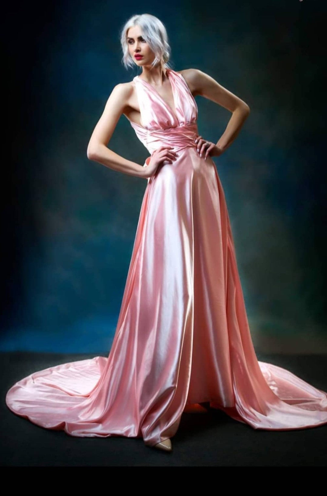 Alesia Chaika Couture Sheath Evening Gown In Blush Silk With V neck and Open back 1