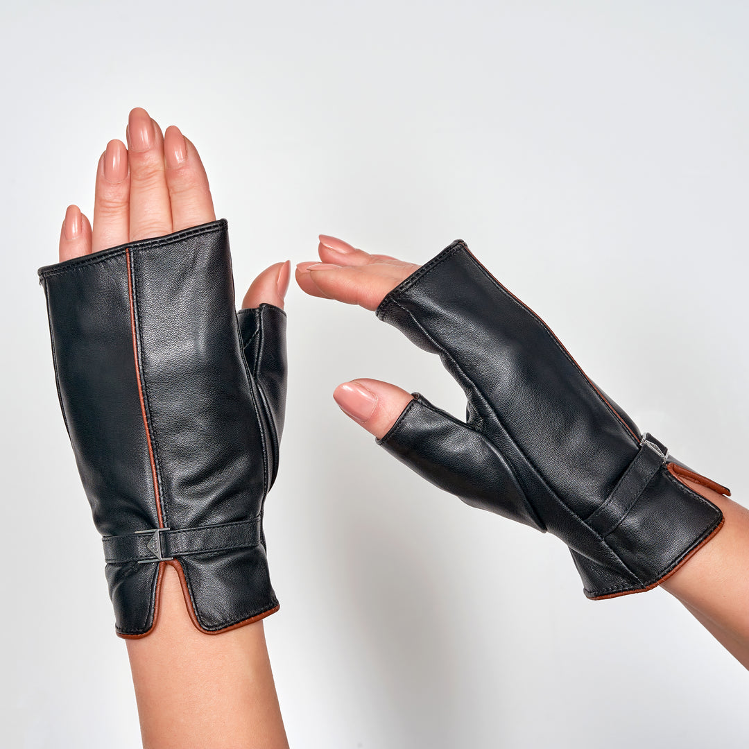 Womens LADY AUTO Fingerless Black  Real Genuine Softest Leather With Brown Trim and Cashemere Lined Luxury Gloves for Lady On The Go, Elegant Car Gloves with Signature Alesia C. Black Metal Triangle Logo Buckle by Fashion Designer Alesia Chaika, AlesiaC.com