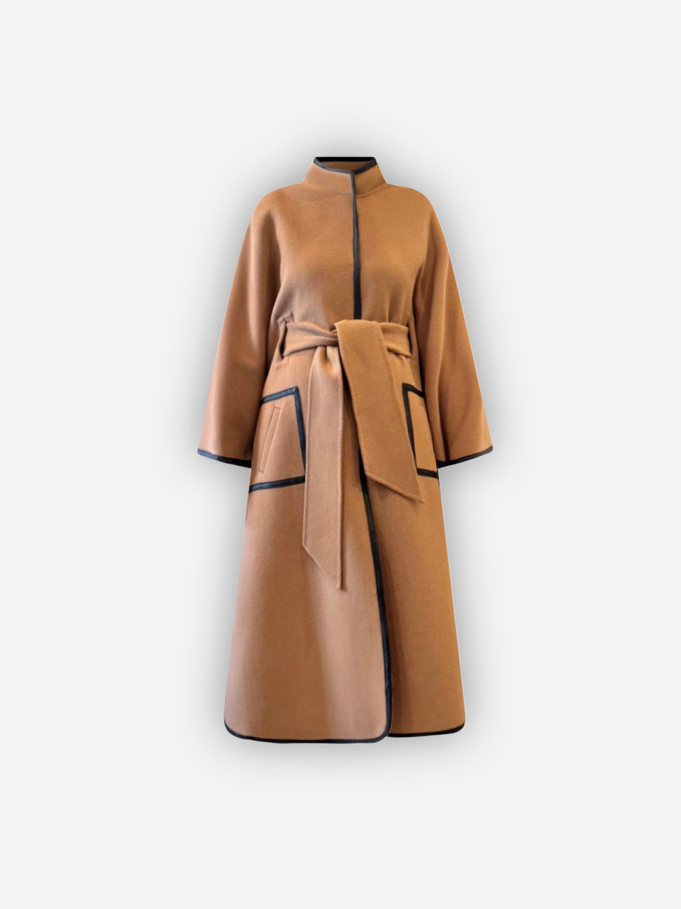 Alesia C. Luxury Designer Long Cape Coat in Camel With Black leather Trim AlesiaC.com