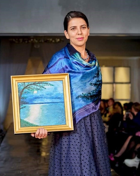 SUNRISE NAUTICAL Navy Blue Designer 100% Silk Scarf Art A Porte by Alesia Chaika AlesiaC.com
