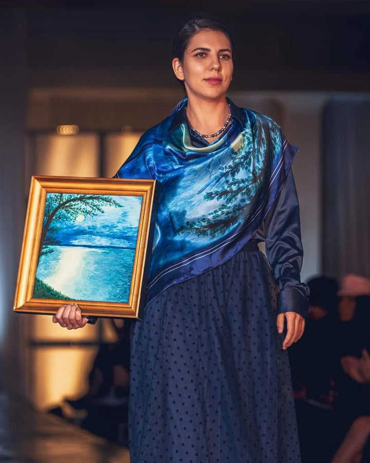 SUNRISE NAUTICAL Navy Blue Designer 100% Silk Scarf Art A Porte by Alesia Chaika AlesiaC.com