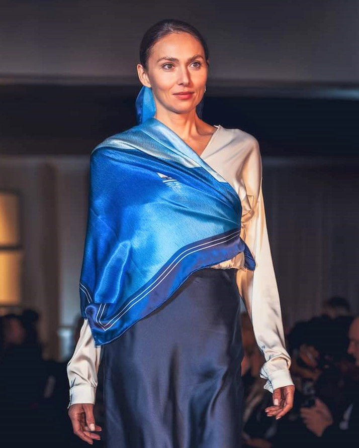SAIL THE JOURNEY NAUTICAL Navy Light Blue Designer Silk Scarf Art A Porte by Alesia Chaika AlesiaC.com