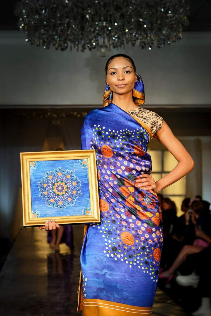 YANA UNIVERSE Mandala 100% Silk Scarf in Gold Blue Art-A-Porte Style by Alesia Chaika AlesiaC.com
