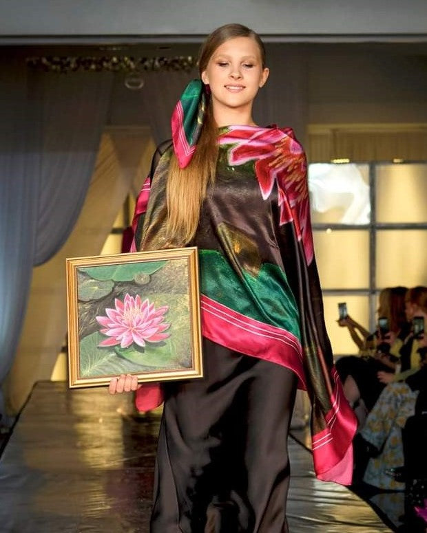 PINK LOTUS Brown Border Designer 100% Silk Scarf Art A Porte by Alesia Chaika