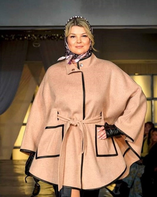 Mocha Mousse Designer Wool Women Coat Belted Cape Coat in Virgin Wool Cashmere With Black Leather Trim in Lake Forest Shop, Illinois, USA fashion designer Alesia C. boutique AlesiaC,com