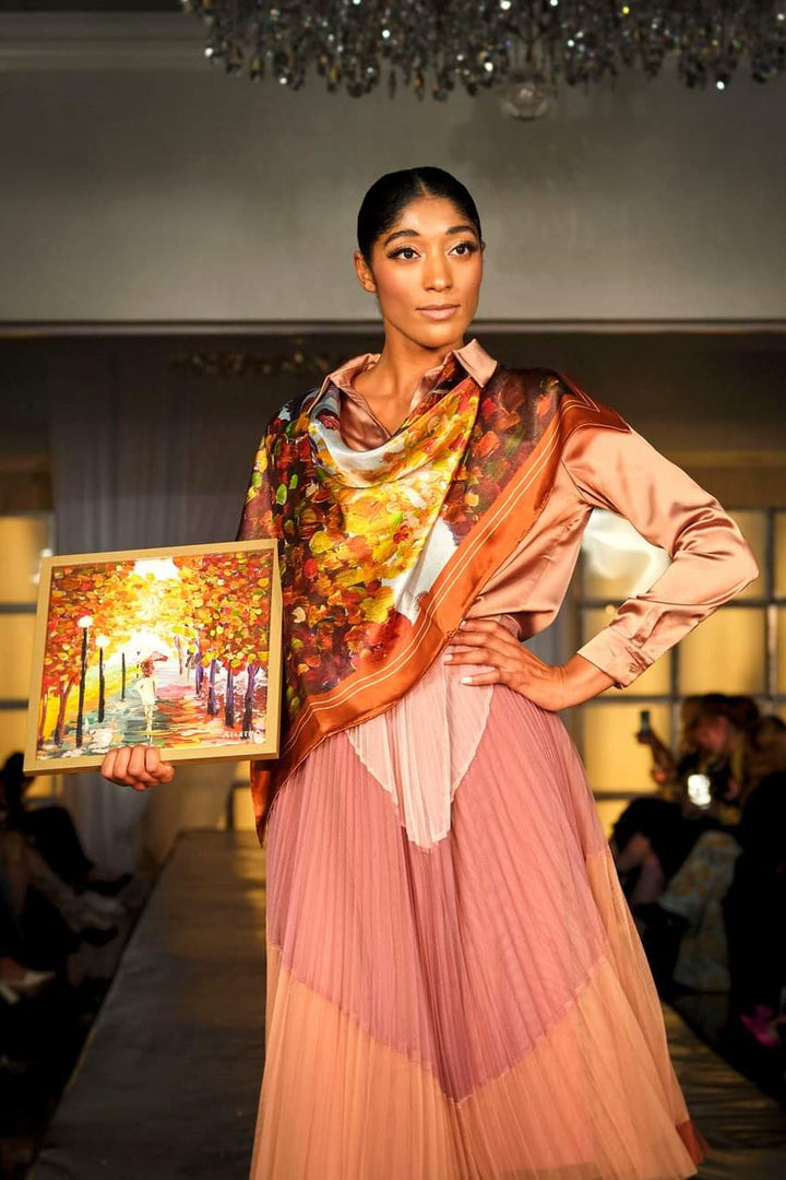 LADY GOLD FALL Designer 100% Silk Scarf in Brown Rust yellow by Alesia Chaika AlesiaC.com