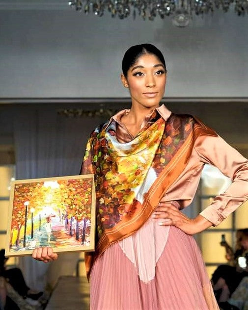 LADY GOLD FALL Designer 100% Silk Scarf in Brown Rust yellow by Alesia Chaika AlesiaC.com