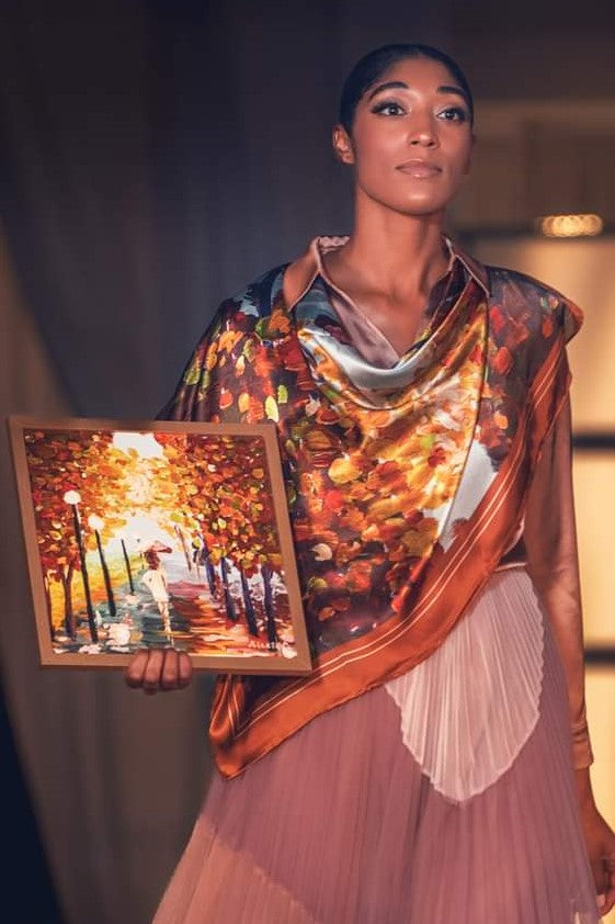 LADY GOLD FALL Designer 100% Silk Scarf in Brown Rust yellow by Alesia Chaika AlesiaC.com