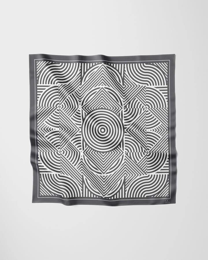 Alesia C. Slim Dance Pure Silk Square Scarf in Gray White Color Geometric Abstract AlesiaC.com